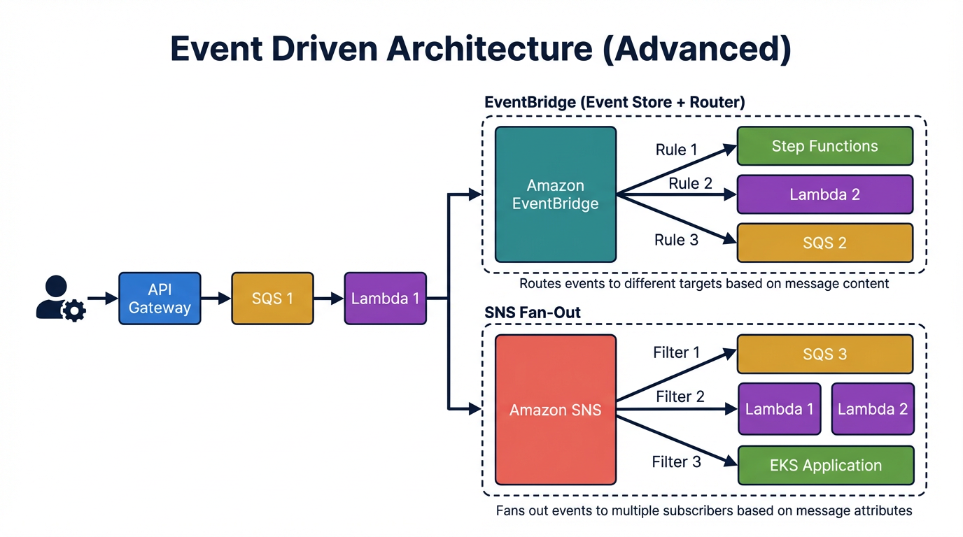Architecture diagram: Advanced EDA with EventBridge rules and SNS fan-out patterns.
