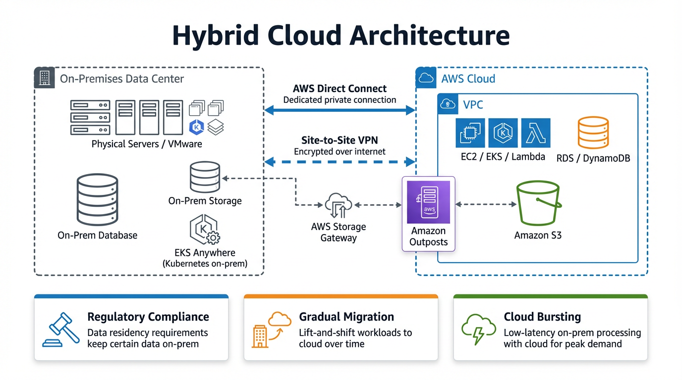 Architecture diagram: Hybrid Cloud connecting on-premises data center to AWS via Direct Connect and VPN.