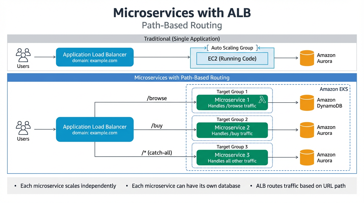 Architecture diagram: Microservices with ALB — path-based routing to independent microservices on EKS with separate databases.
