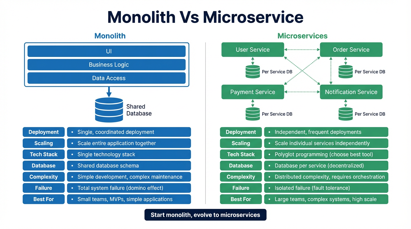Infographic: Monolith vs Microservice — visual comparison of architecture, deployment, scaling, and trade-offs.