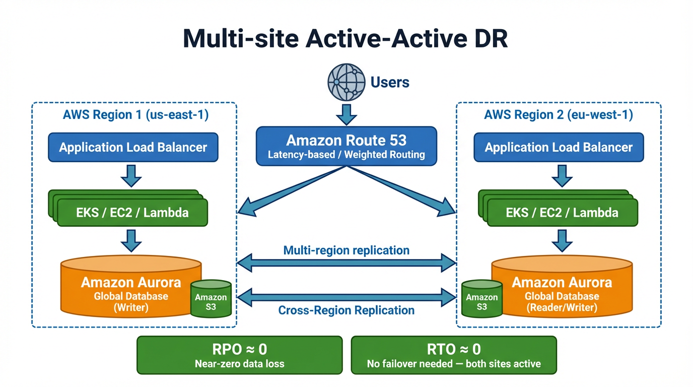Architecture diagram: Multi-site Active-Active DR with Route 53 routing to two AWS regions.