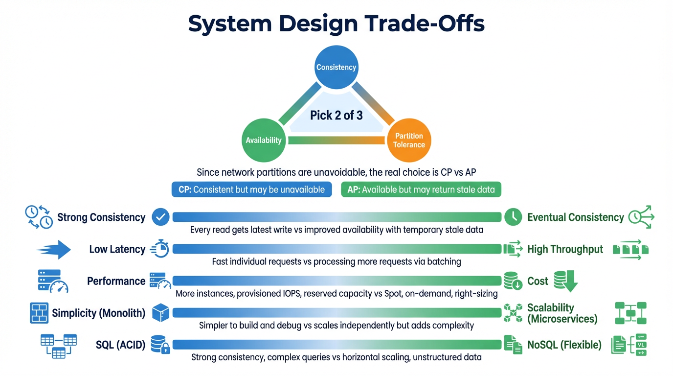 Infographic: System Design Trade-Offs — CAP theorem and five key trade-off spectrums.