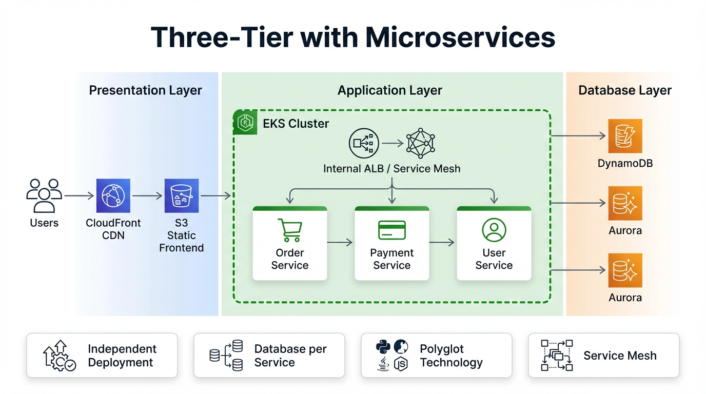 Architecture diagram: Three-Tier with Microservices — Presentation, EKS Microservices, Database per Service.