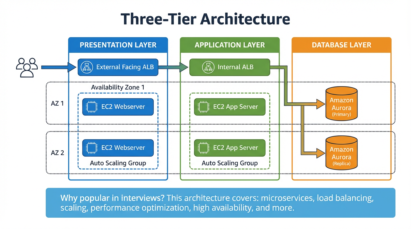Architecture diagram: Three-Tier — Presentation, Application, and Database layers across Availability Zones.
