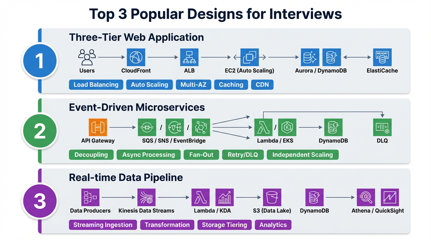 Infographic: Top 3 Popular Designs for Interviews — Three-Tier, Event-Driven Microservices, Real-time Data Pipeline.