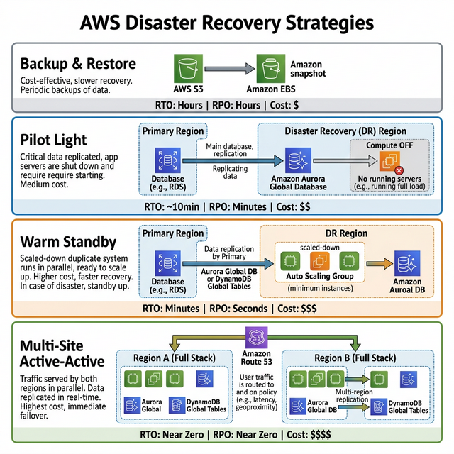 AWS Disaster Recovery Strategies — Backup & Restore, Pilot Light, Warm Standby, Active-Active