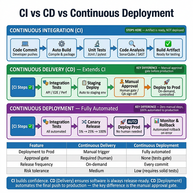 Continuous Integration vs Delivery vs Deployment Diagram