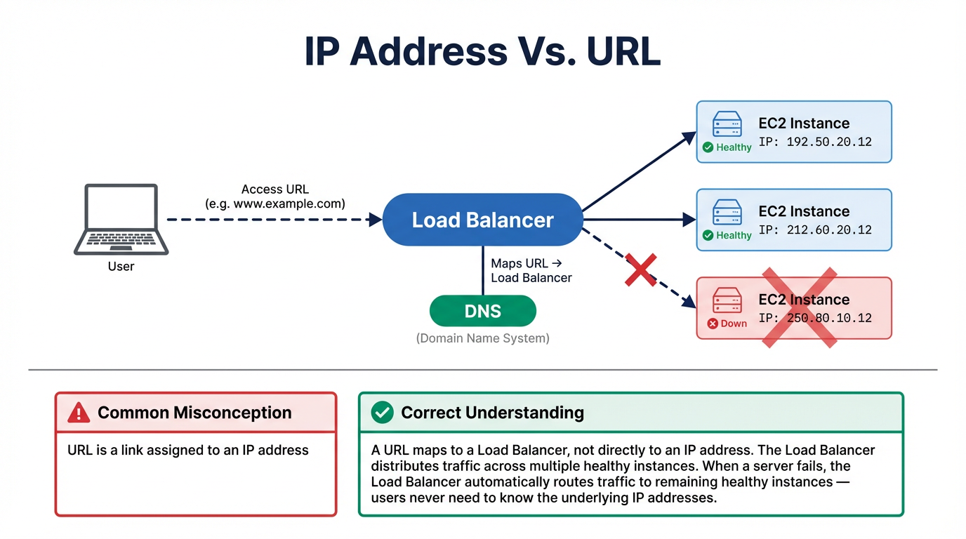 Diagram: IP Address vs URL — how addresses and domain names relate to networking and the web.