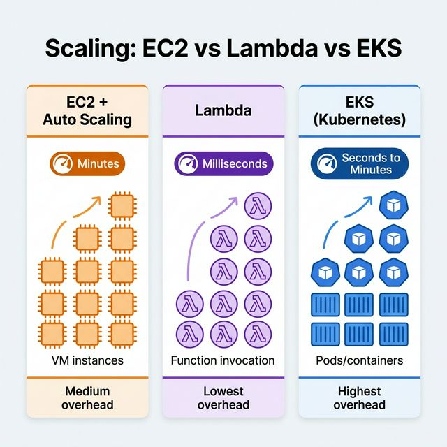 Scaling EC2 vs Lambda vs EKS Comparison Diagram