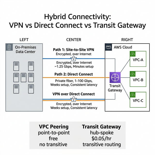 Hybrid Connectivity VPN vs Direct Connect vs Transit Gateway Diagram