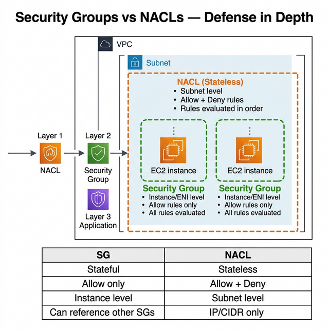 Security Groups vs NACLs Defense in Depth Diagram